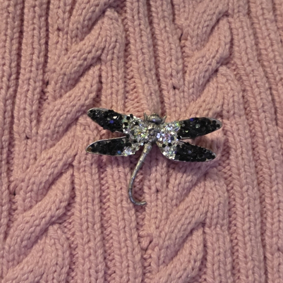 Don-lin Jewelry - Vintage 1980's Don-lin Silver and Black (With Rhinestones) Dragonfly Brooch
